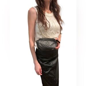 Chanel Black Leather pouch added Gold Chain